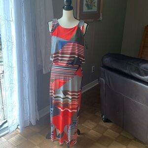 MT Collection sleeveless maxi dress size M blouson waist EUC red geometric print